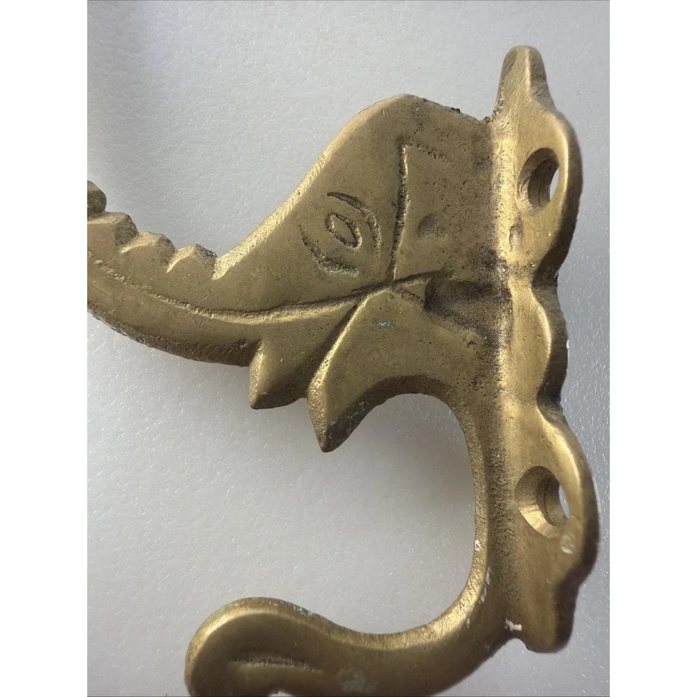 2 Vtg Solid Brass Elephant Head Double Wall Hooks Planter Coat Hangers Trunks Up